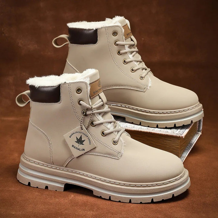 Plush-Collar Lace-Up Boots with Chunky Sole