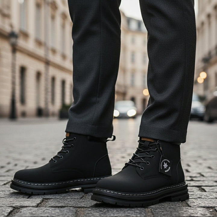 Plush-Collar Lace-Up Boots with Chunky Sole