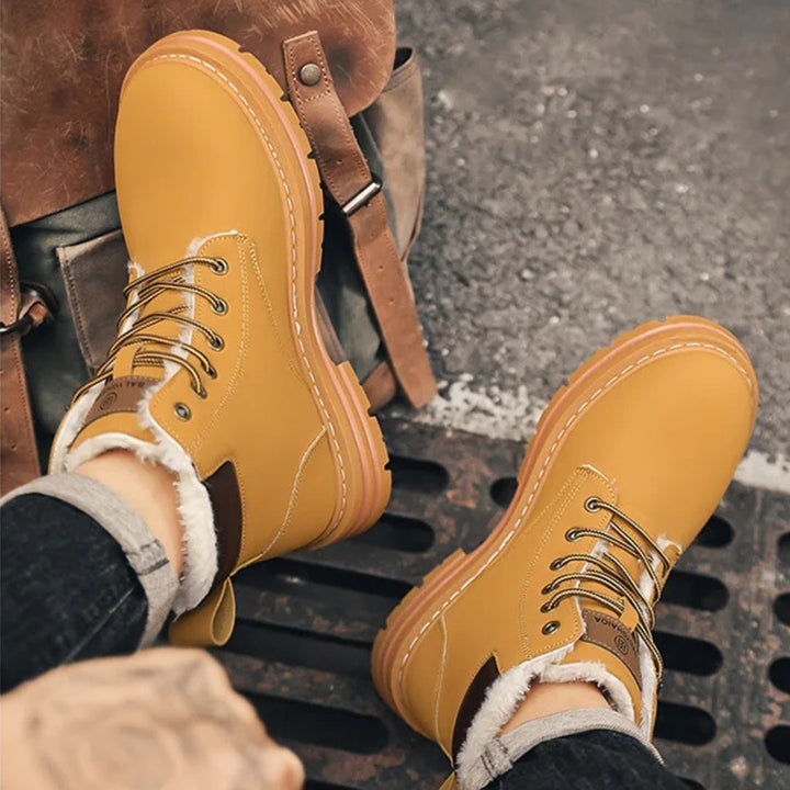 Plush-Collar Lace-Up Boots with Chunky Sole