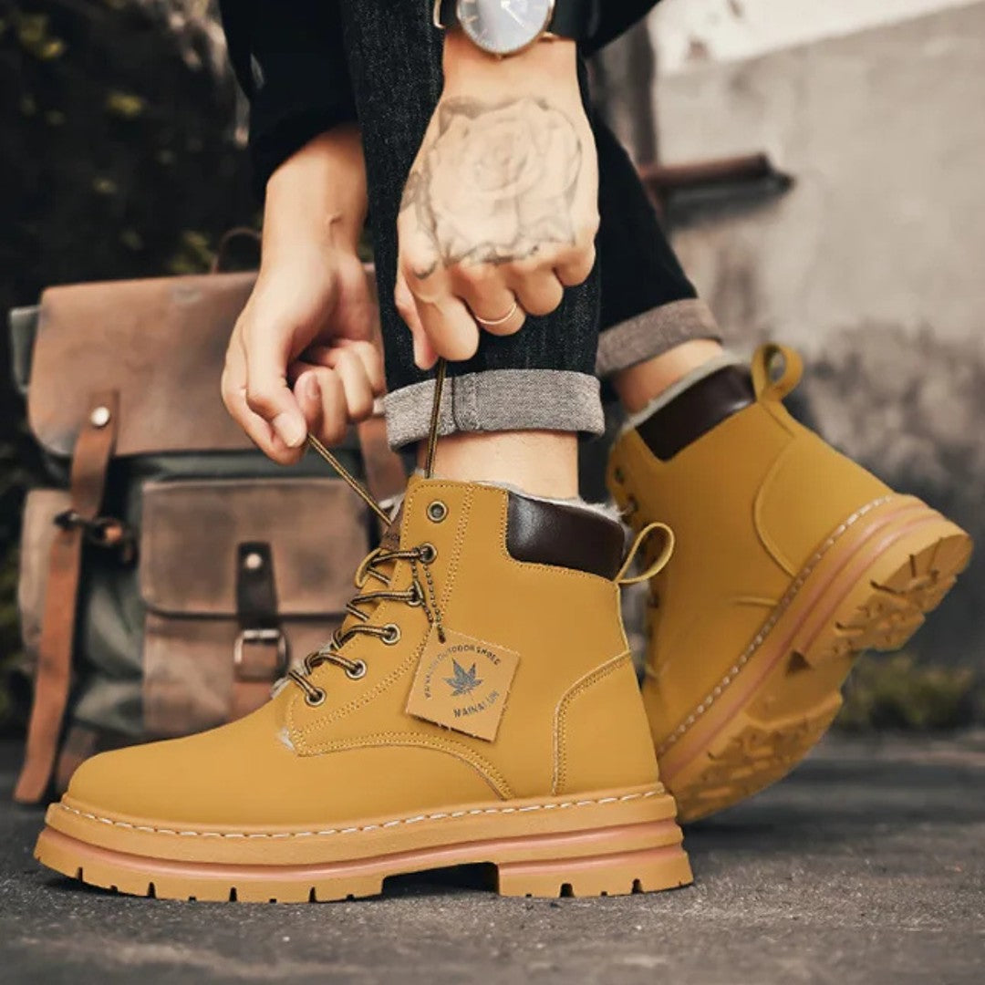 Plush-Collar Lace-Up Boots with Chunky Sole