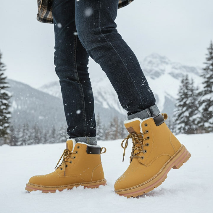 Plush-Collar Lace-Up Boots with Chunky Sole
