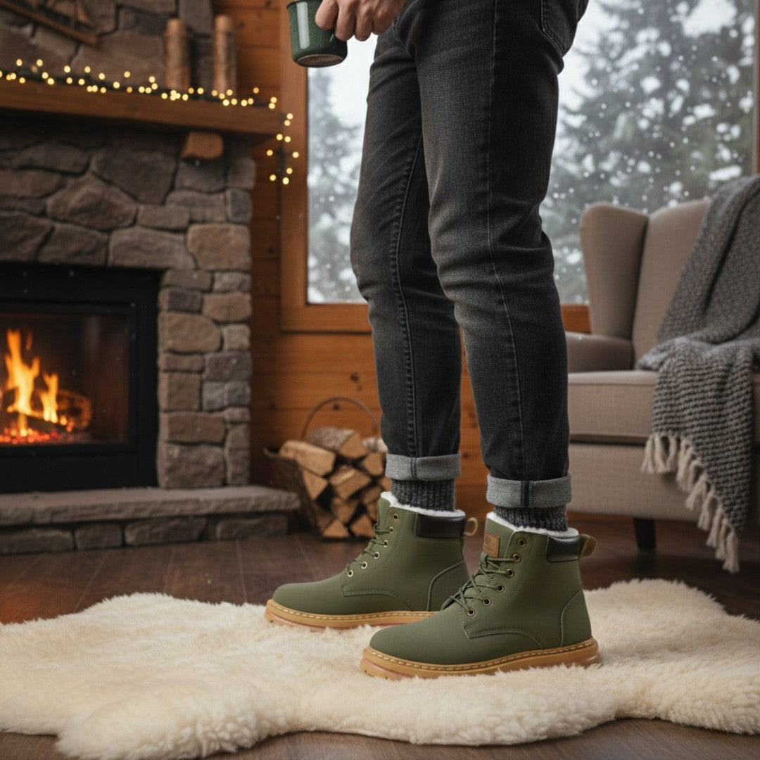 Plush-Collar Lace-Up Boots with Chunky Sole