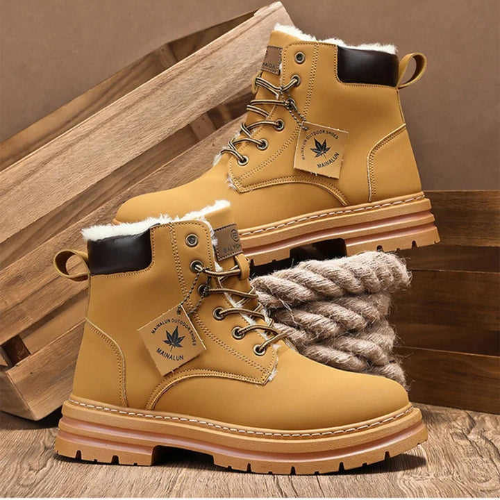 Plush-Collar Lace-Up Boots with Chunky Sole
