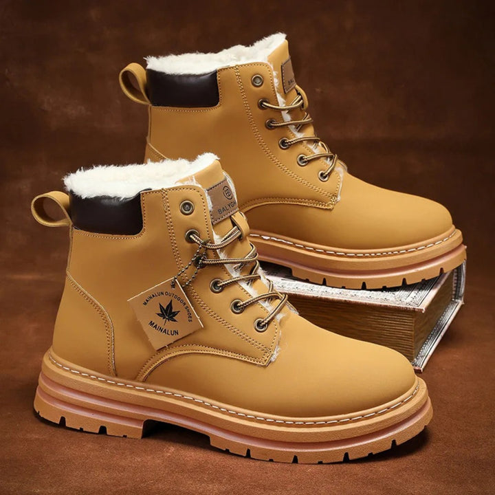 Plush-Collar Lace-Up Boots with Chunky Sole