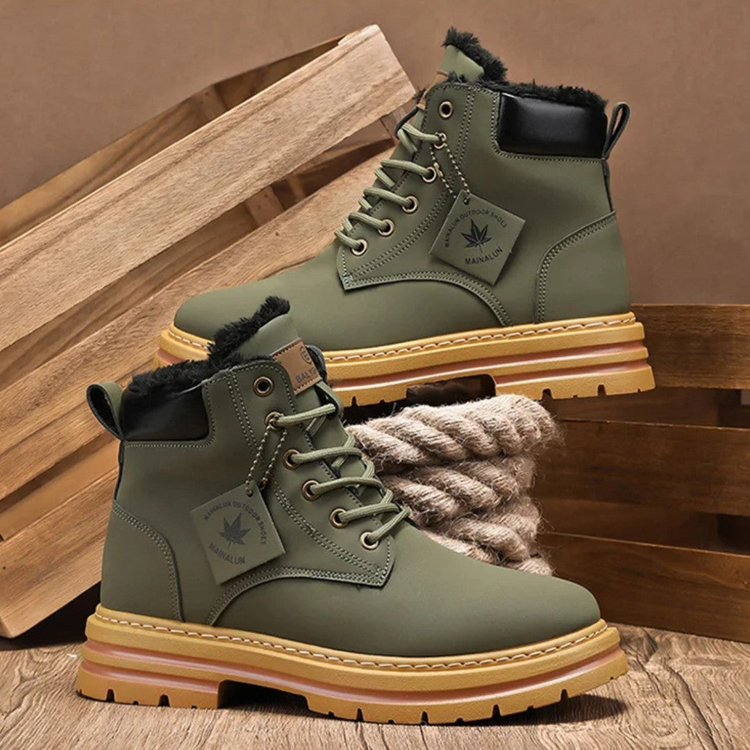 Plush-Collar Lace-Up Boots with Chunky Sole