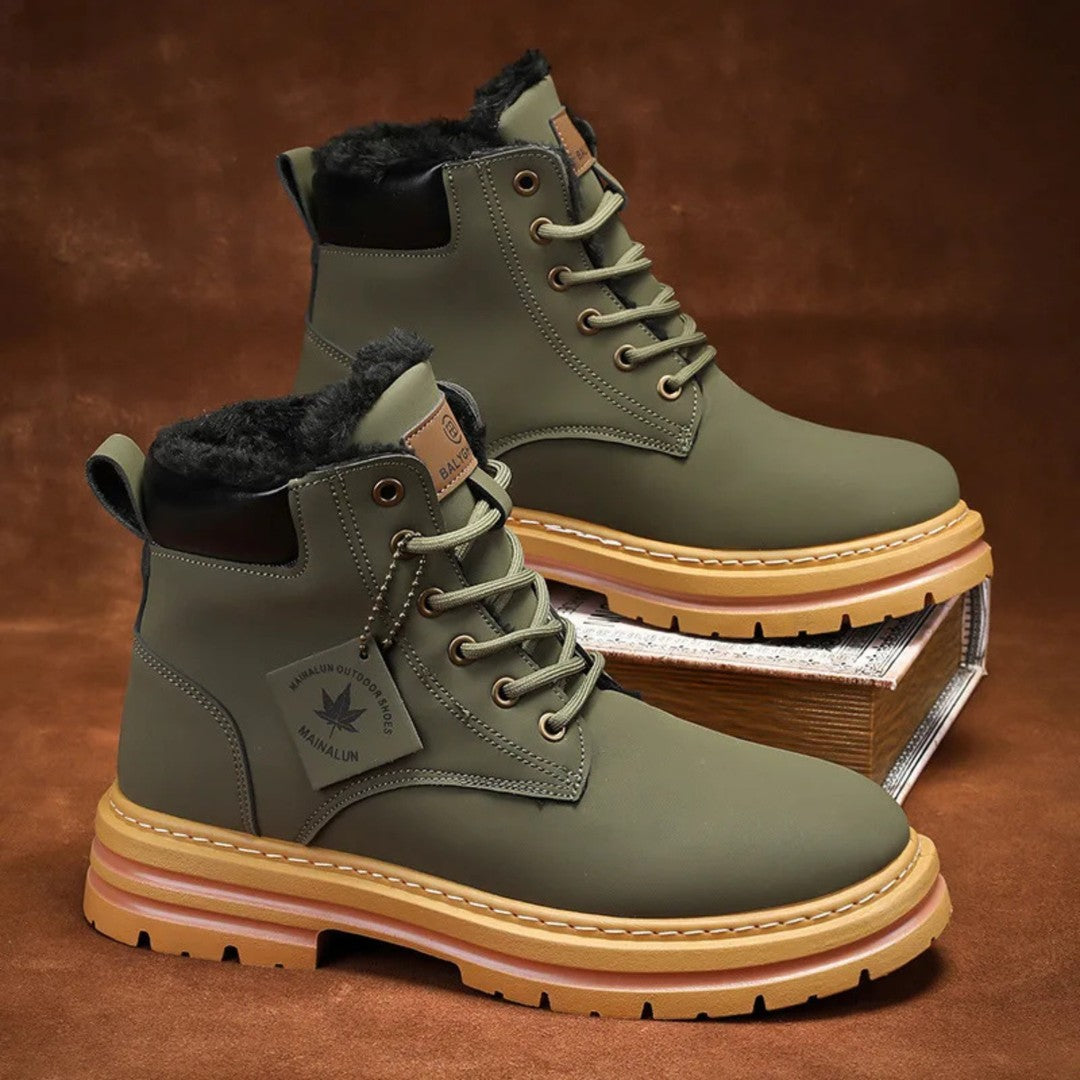Plush-Collar Lace-Up Boots with Chunky Sole