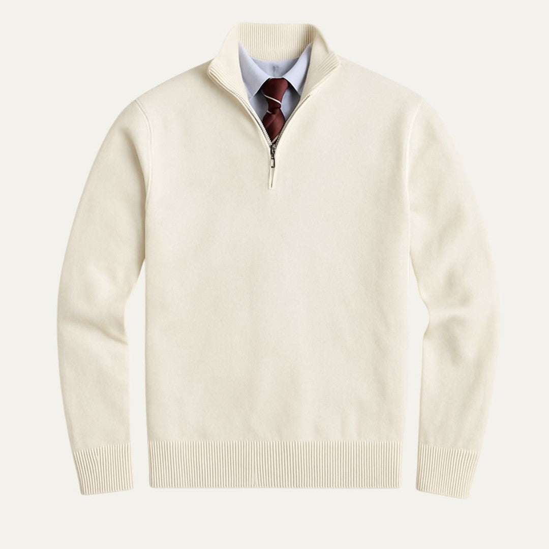 Fine Knit Zip-Neck Pullover with Ribbed Trim