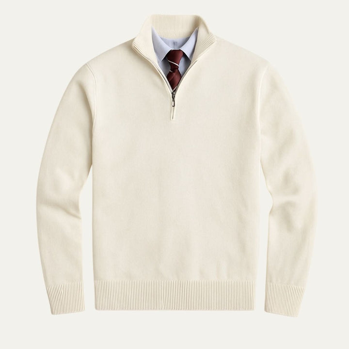 Fine Knit Zip-Neck Pullover with Ribbed Trim