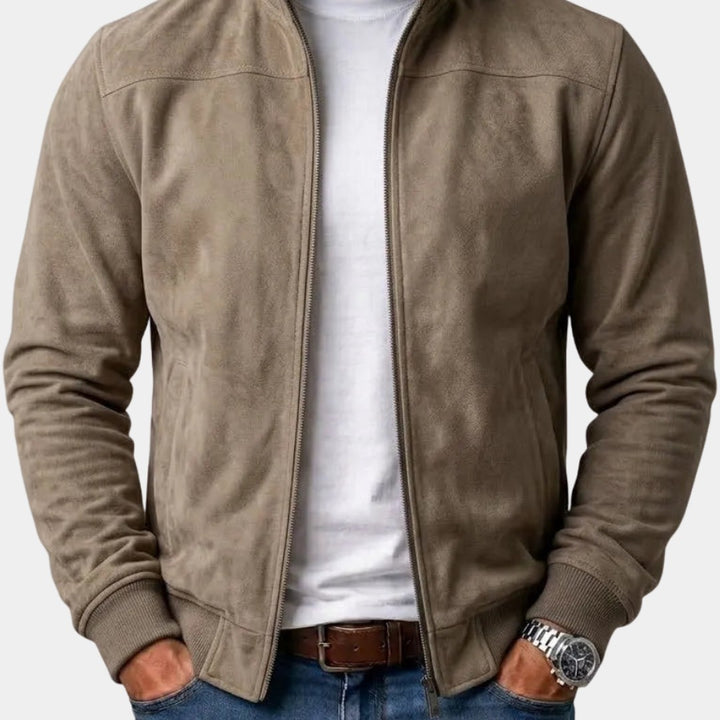 Suede-Look Ribbed Hem Bomber Jacket