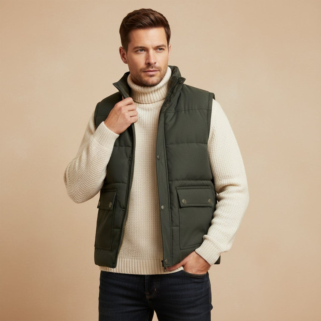 Flap-Pocket Stand Collar Fleece-Lined Vest