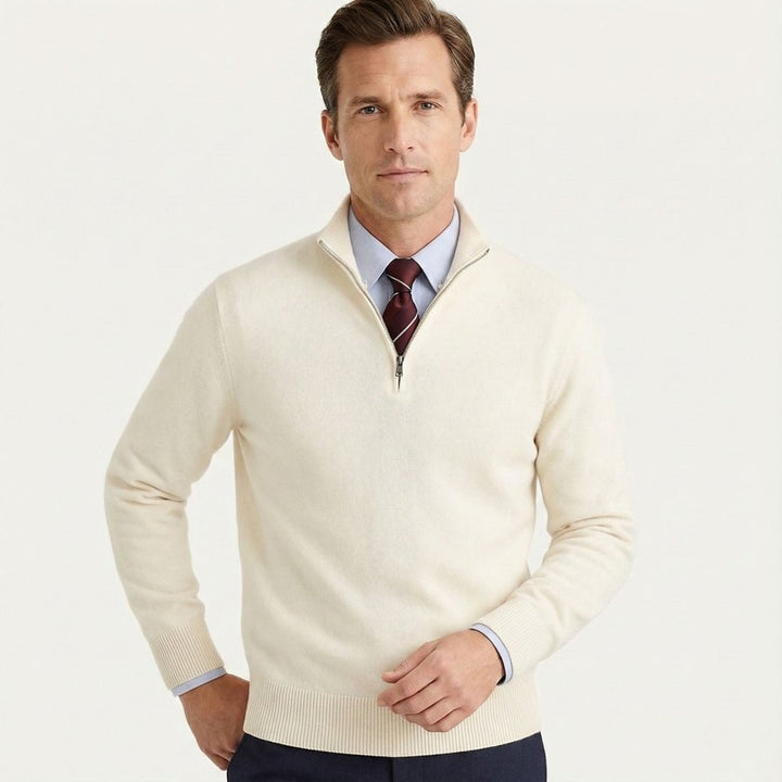 Fine Knit Zip-Neck Pullover with Ribbed Trim