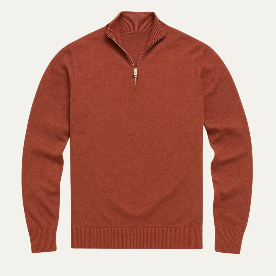 Fine Knit Zip-Neck Pullover with Ribbed Trim