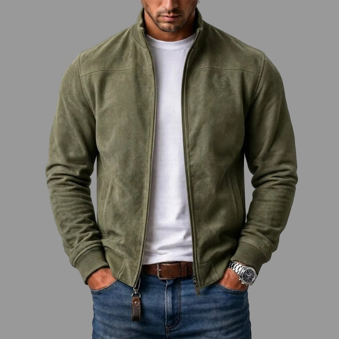 Suede-Look Ribbed Hem Bomber Jacket