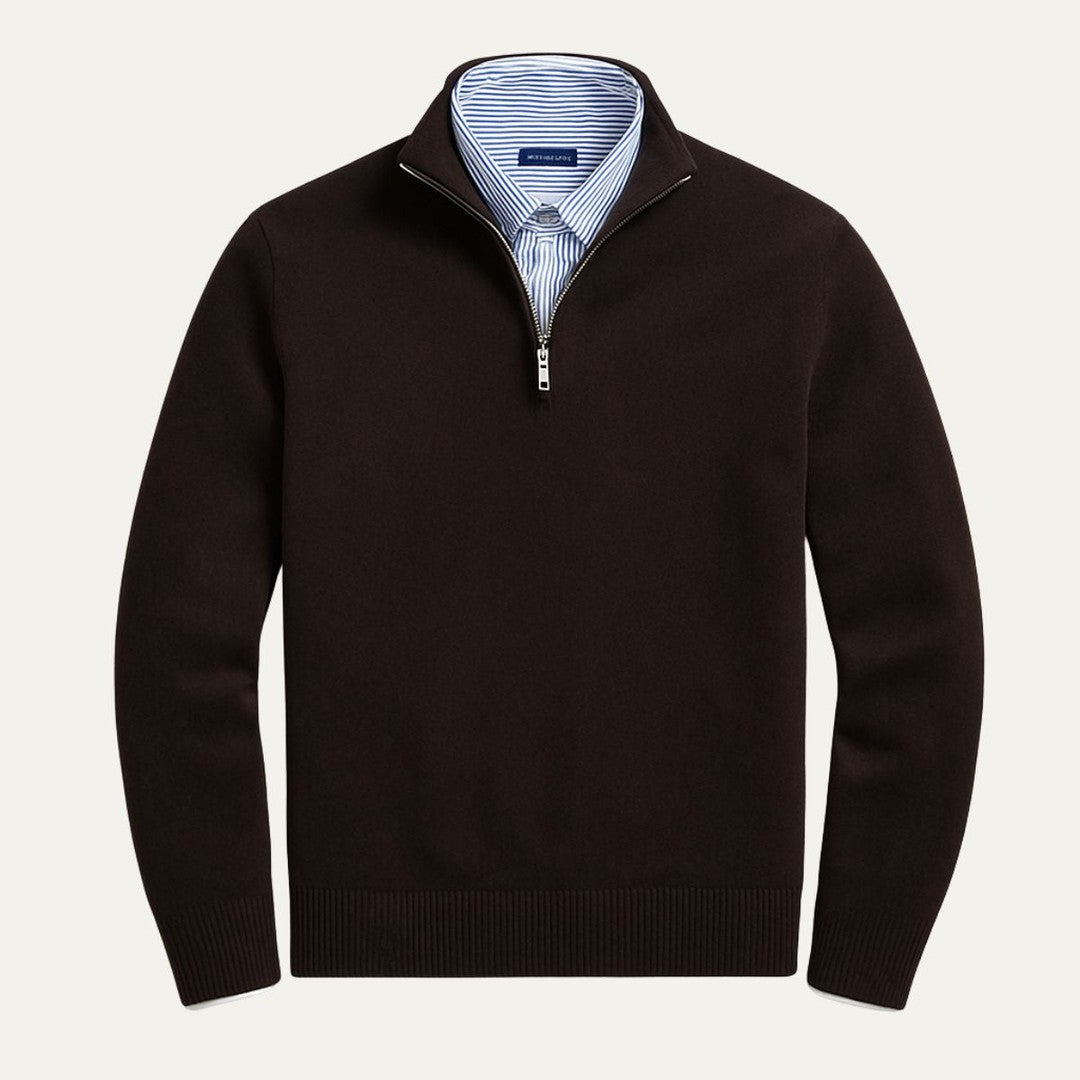 Fine Knit Zip-Neck Pullover with Ribbed Trim