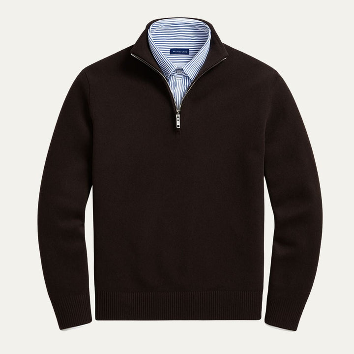 Fine Knit Zip-Neck Pullover with Ribbed Trim