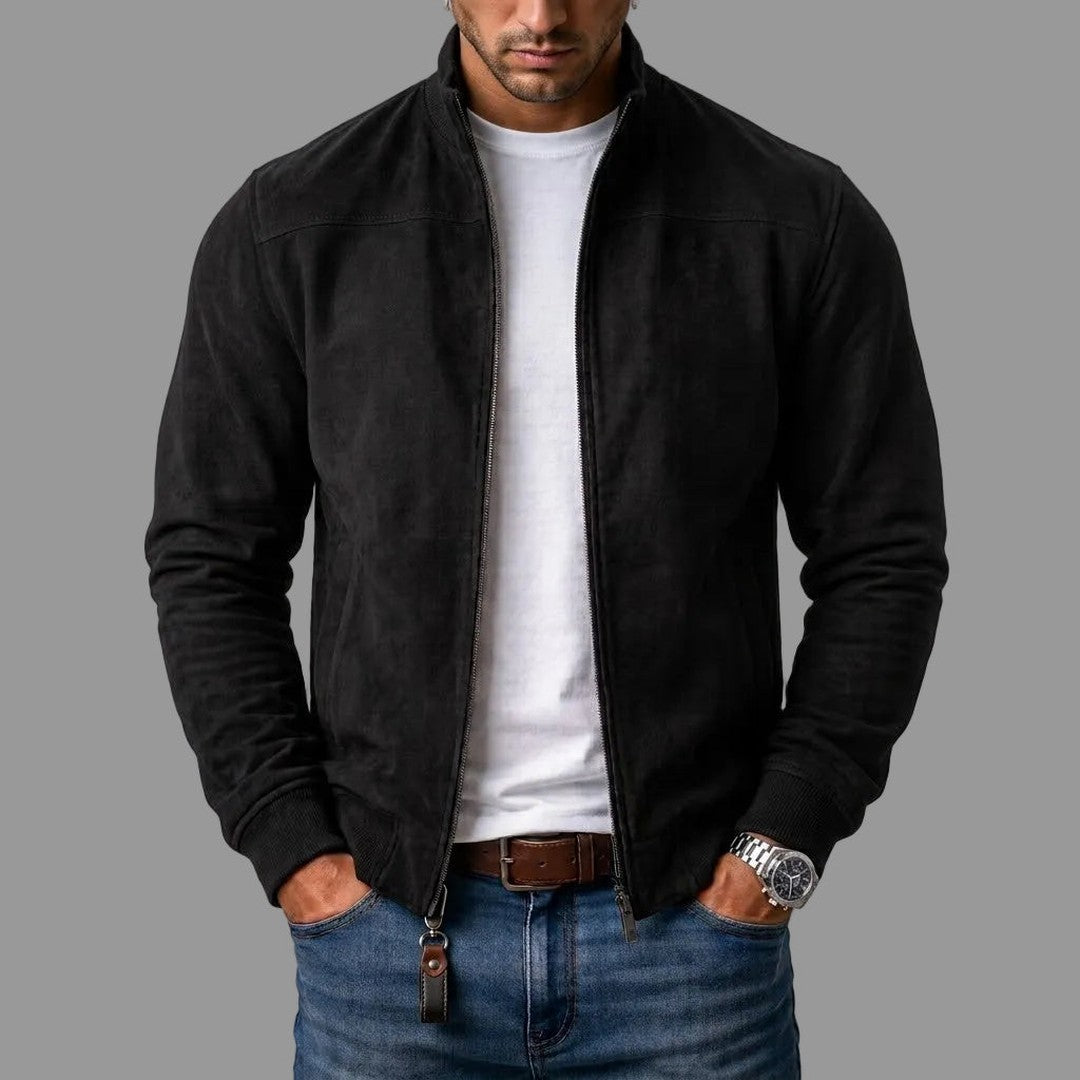 Suede-Look Ribbed Hem Bomber Jacket