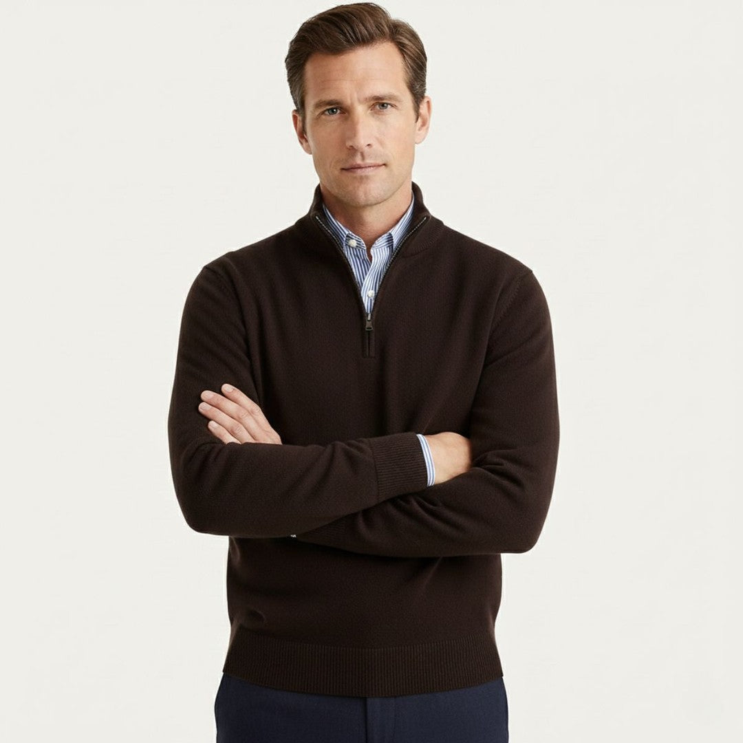 Fine Knit Zip-Neck Pullover with Ribbed Trim