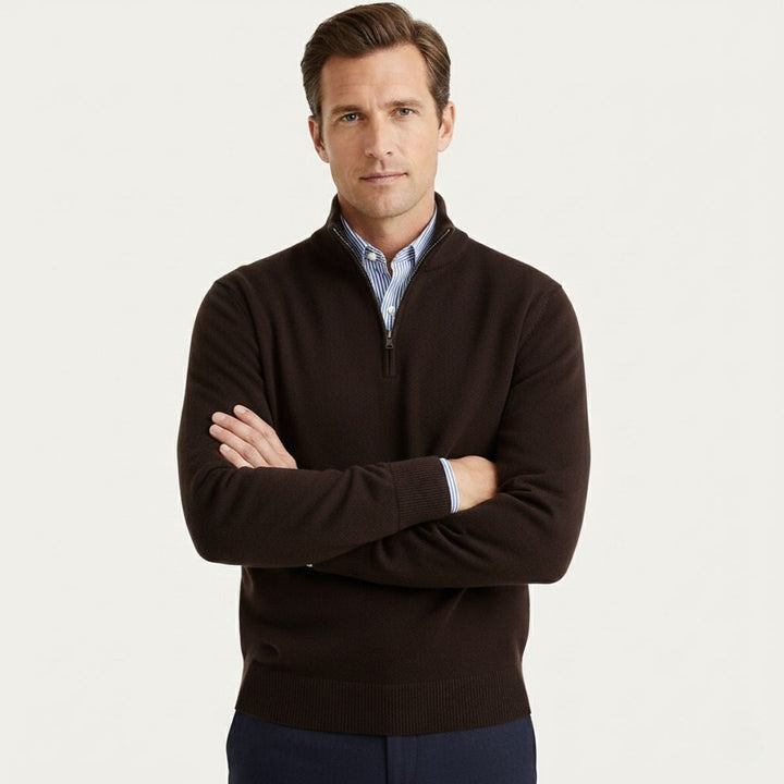 Fine Knit Zip-Neck Pullover with Ribbed Trim