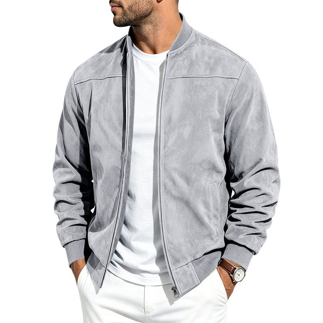 Suede-Look Ribbed Hem Bomber Jacket