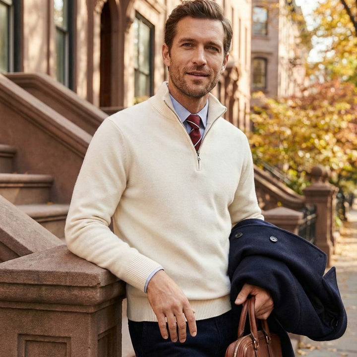 Fine Knit Zip-Neck Pullover with Ribbed Trim