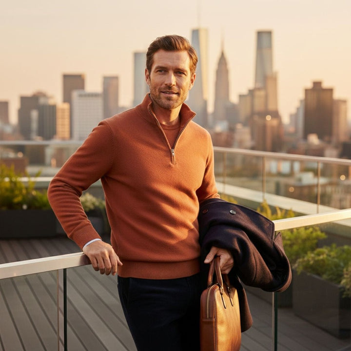Fine Knit Zip-Neck Pullover with Ribbed Trim