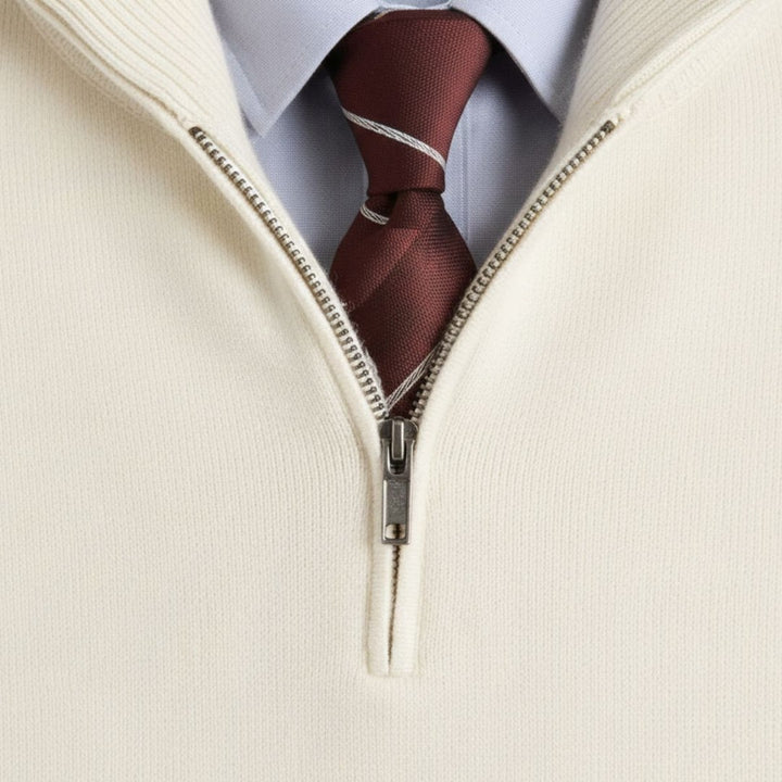 Fine Knit Zip-Neck Pullover with Ribbed Trim