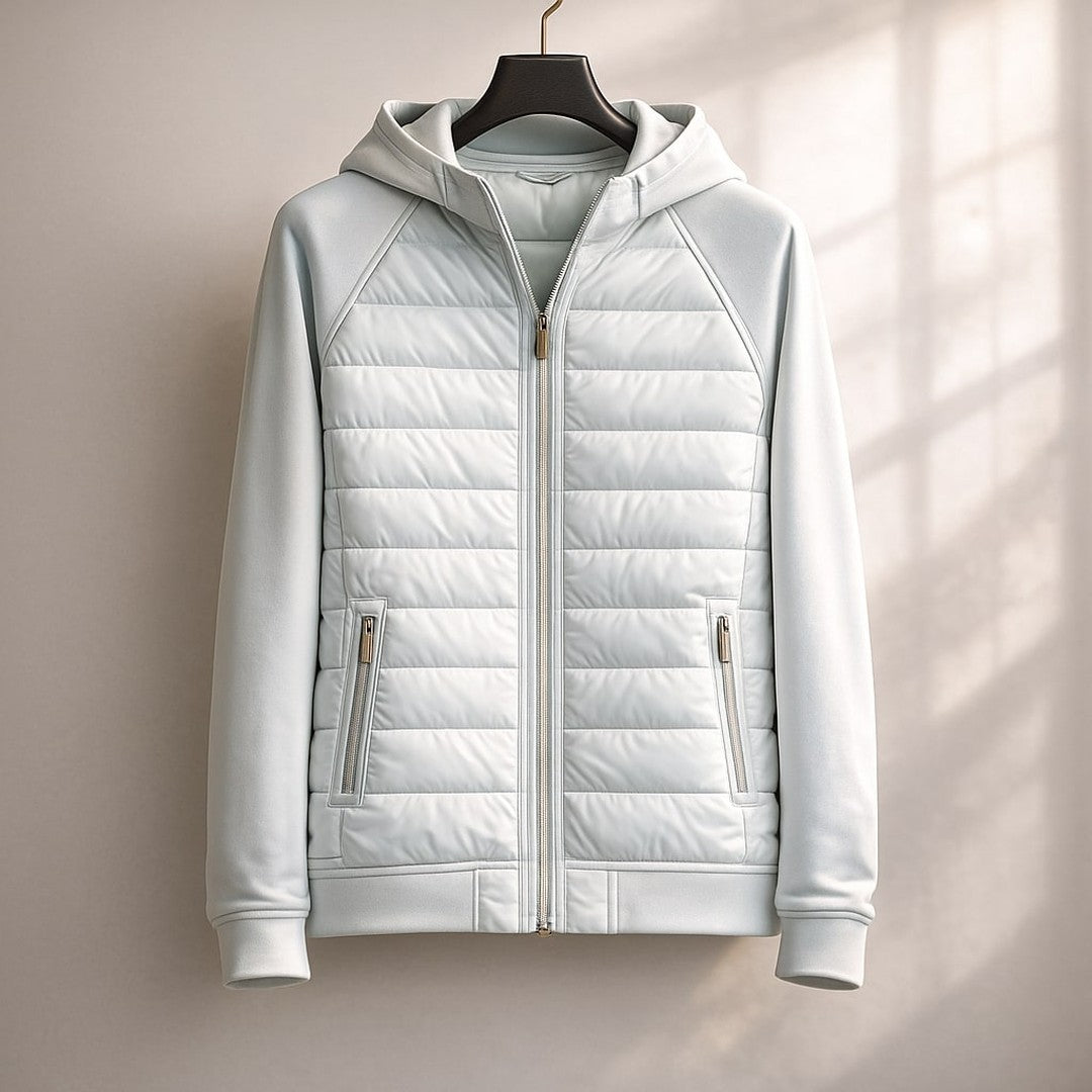 Quilted Front Zip-Up Hooded Jacket with Soft Sleeves