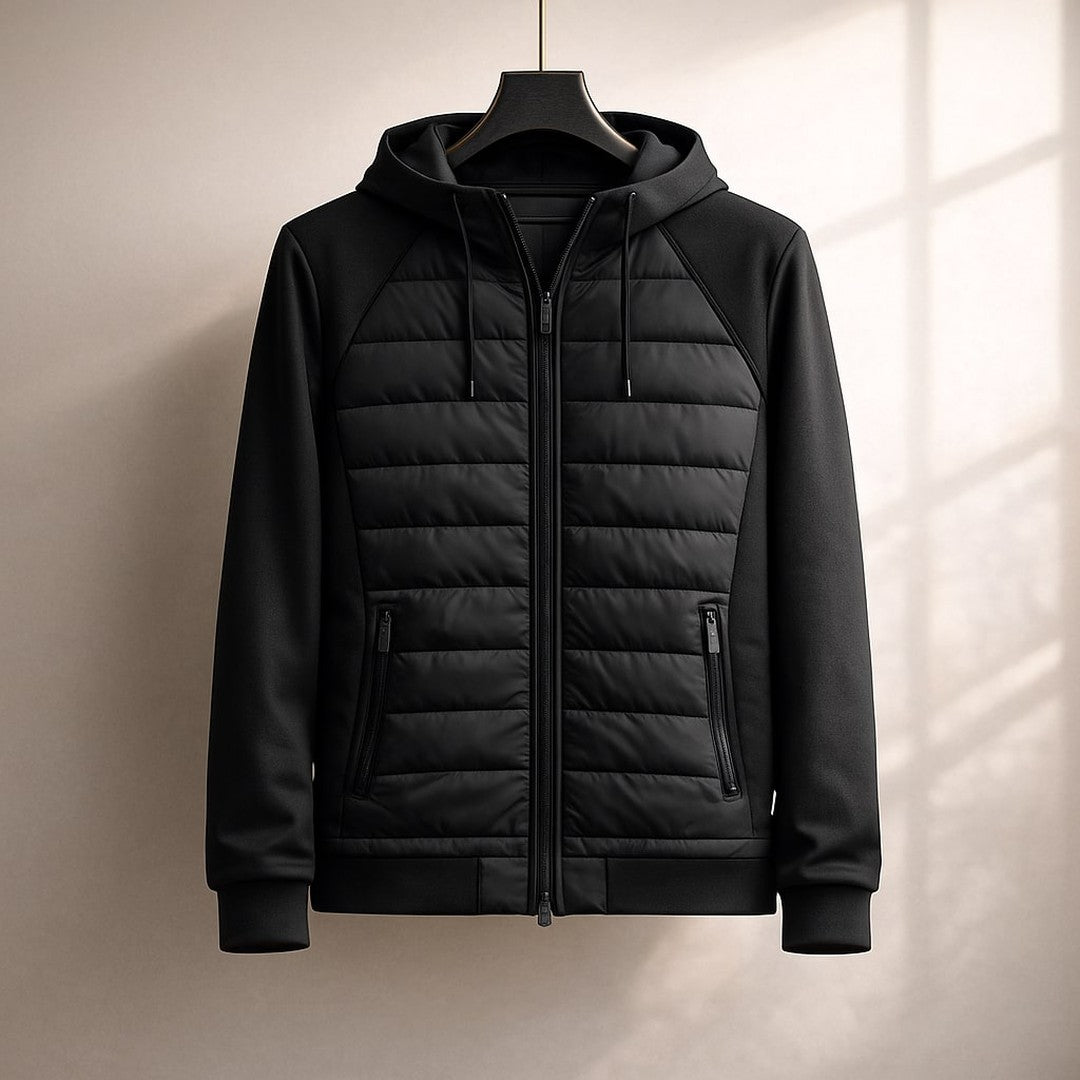 Quilted Front Zip-Up Hooded Jacket with Soft Sleeves