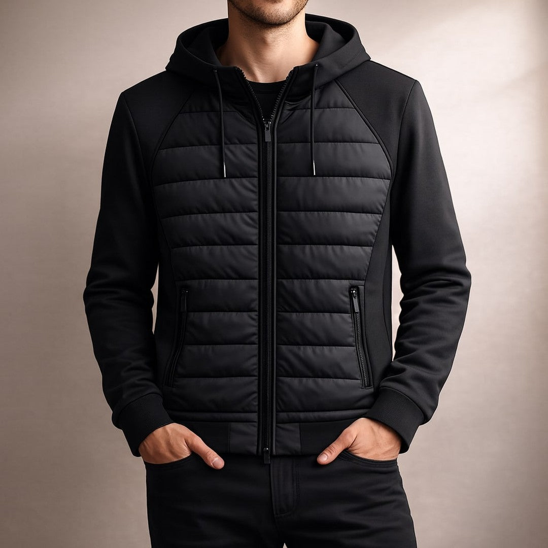 Quilted Front Zip-Up Hooded Jacket with Soft Sleeves