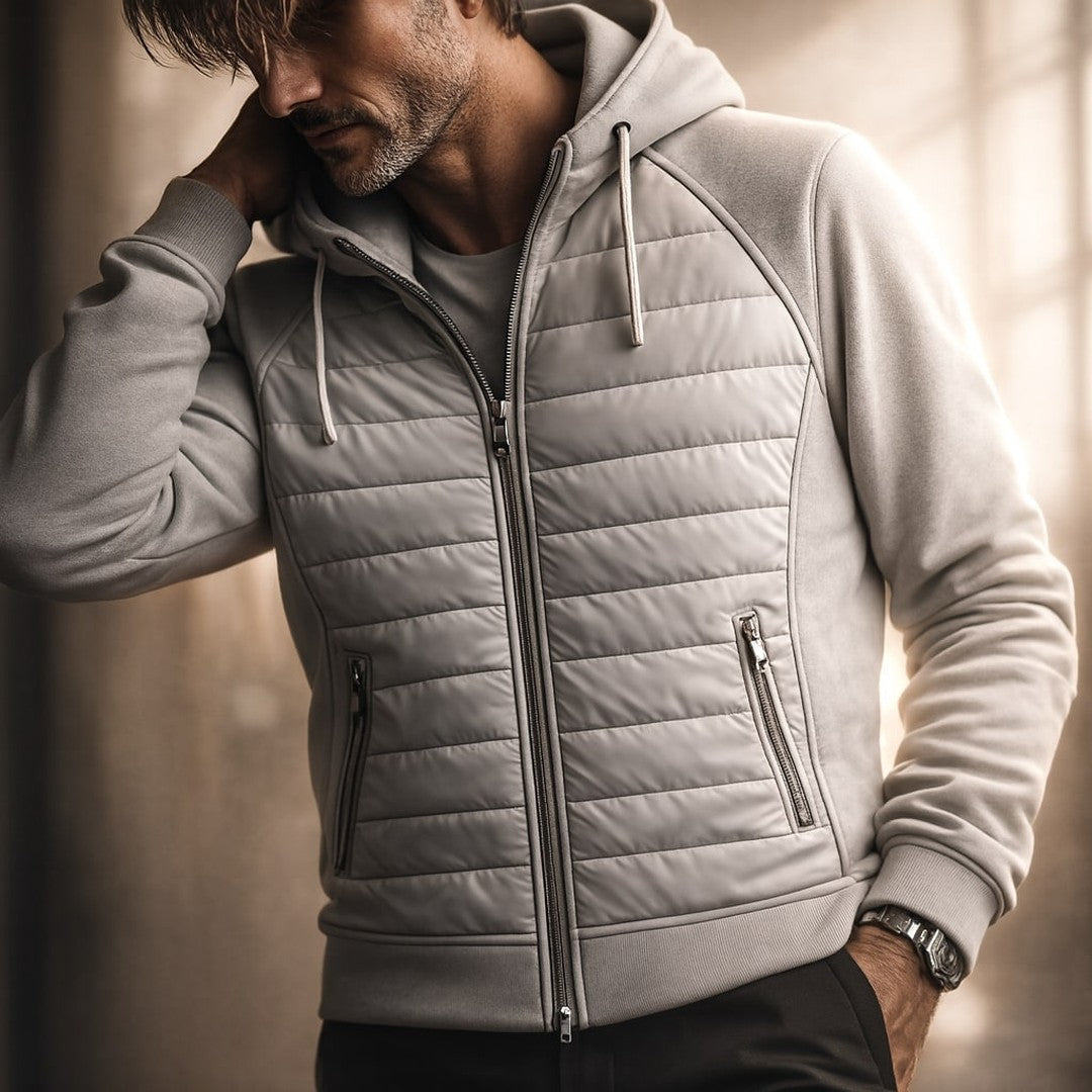Quilted Front Zip-Up Hooded Jacket with Soft Sleeves