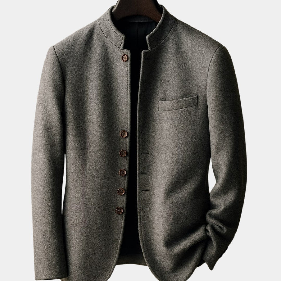 Mandarin Collar Wool-Look Jacket with Wood-Look Buttons