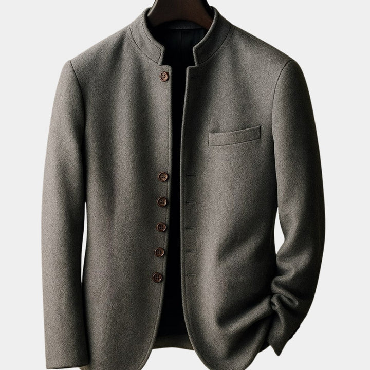 Mandarin Collar Wool-Look Jacket with Wood-Look Buttons