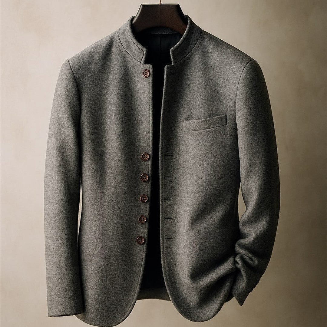 Mandarin Collar Wool-Look Jacket with Wood-Look Buttons