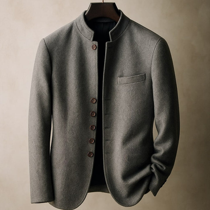 Mandarin Collar Wool-Look Jacket with Wood-Look Buttons