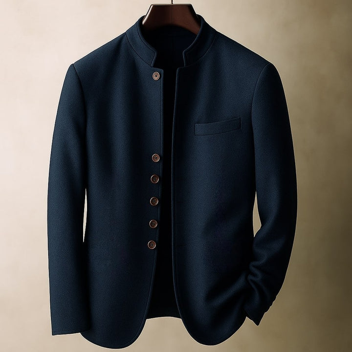 Mandarin Collar Wool-Look Jacket with Wood-Look Buttons