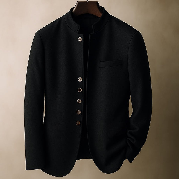 Mandarin Collar Wool-Look Jacket with Wood-Look Buttons