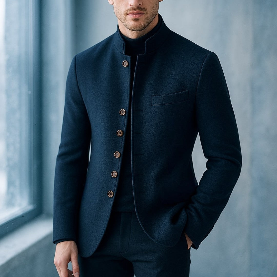 Mandarin Collar Wool-Look Jacket with Wood-Look Buttons