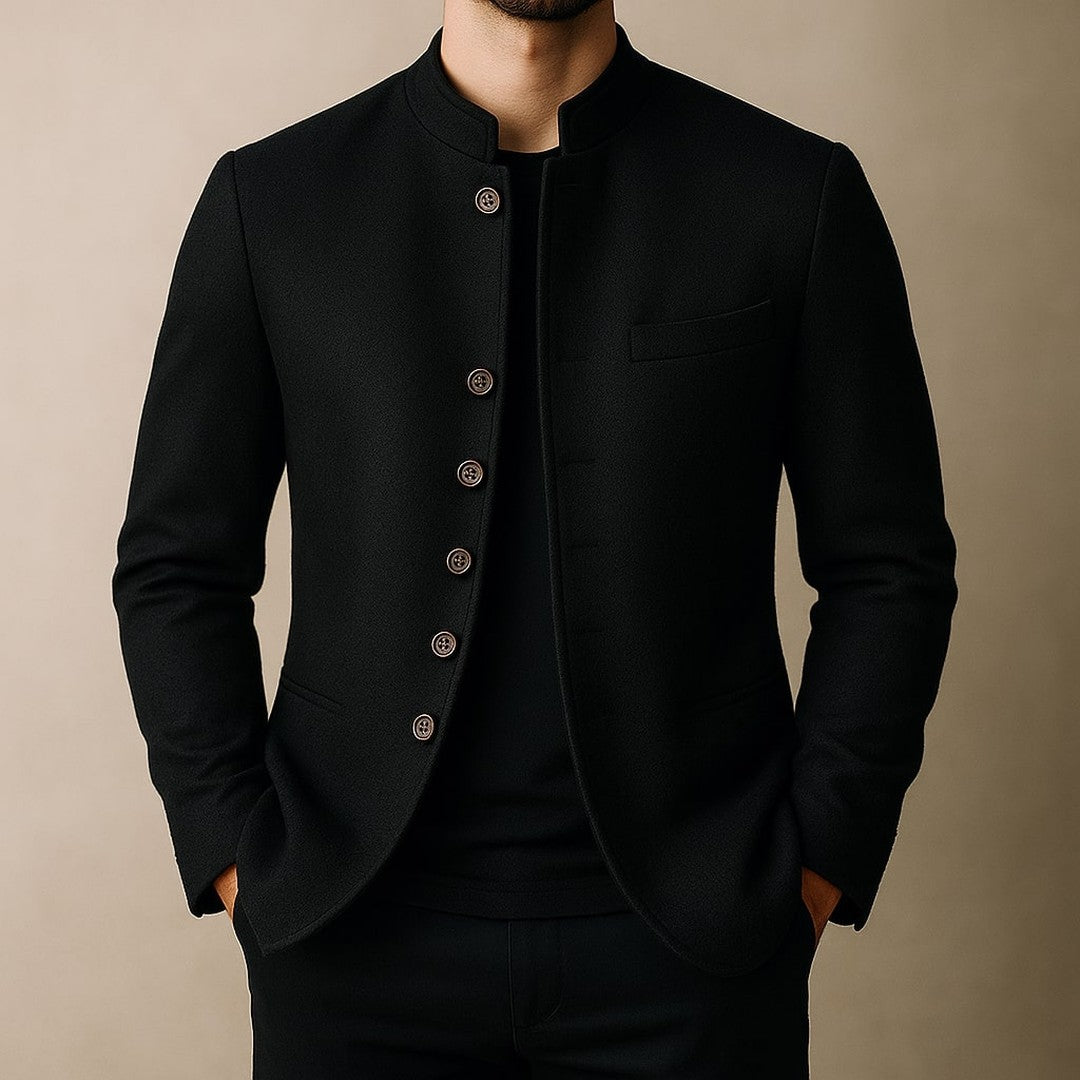Mandarin Collar Wool-Look Jacket with Wood-Look Buttons