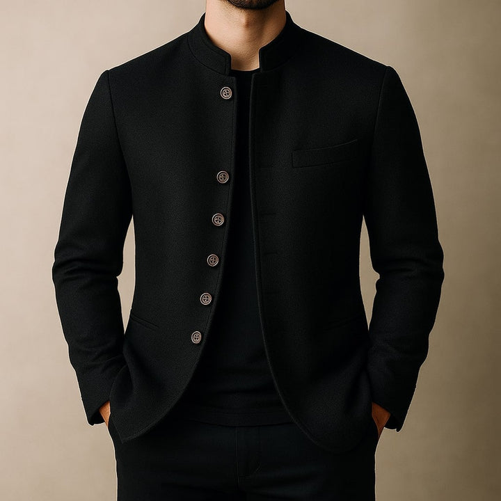 Mandarin Collar Wool-Look Jacket with Wood-Look Buttons