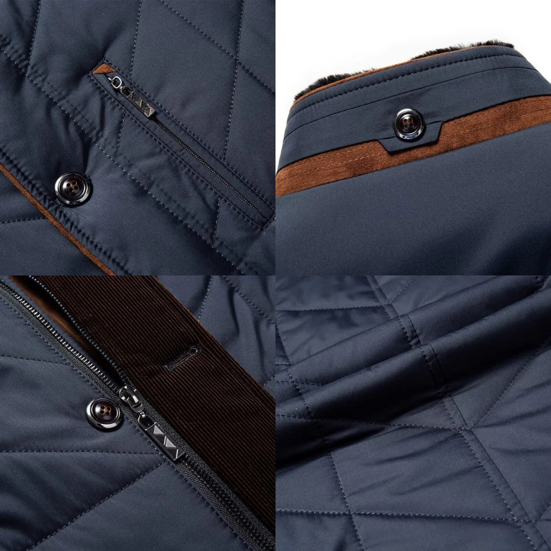 Brackenfield - Quilted Stand Collar Coat Corduroy Trim Zip Pockets