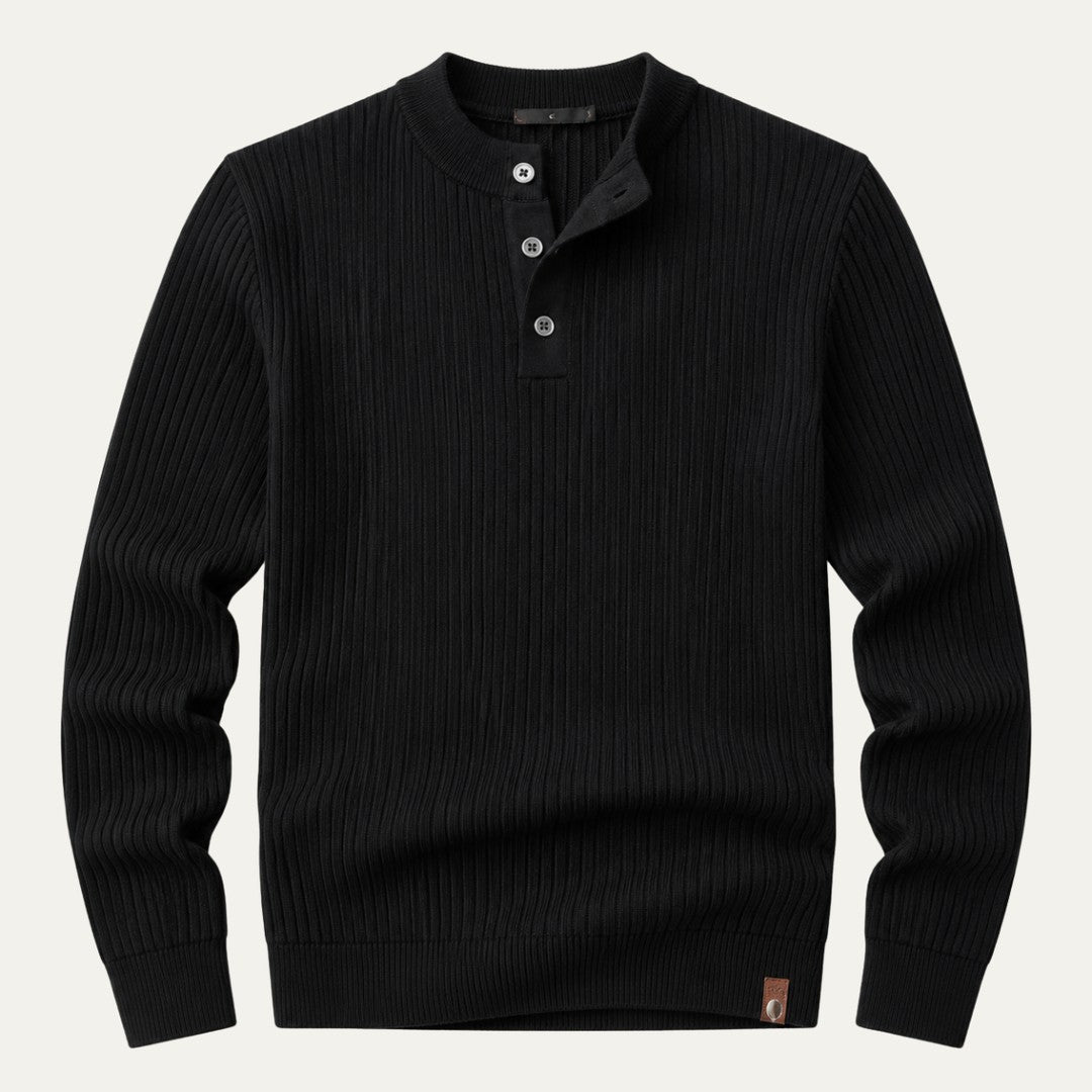 Vertical Rib Three-Button Henley Sweater
