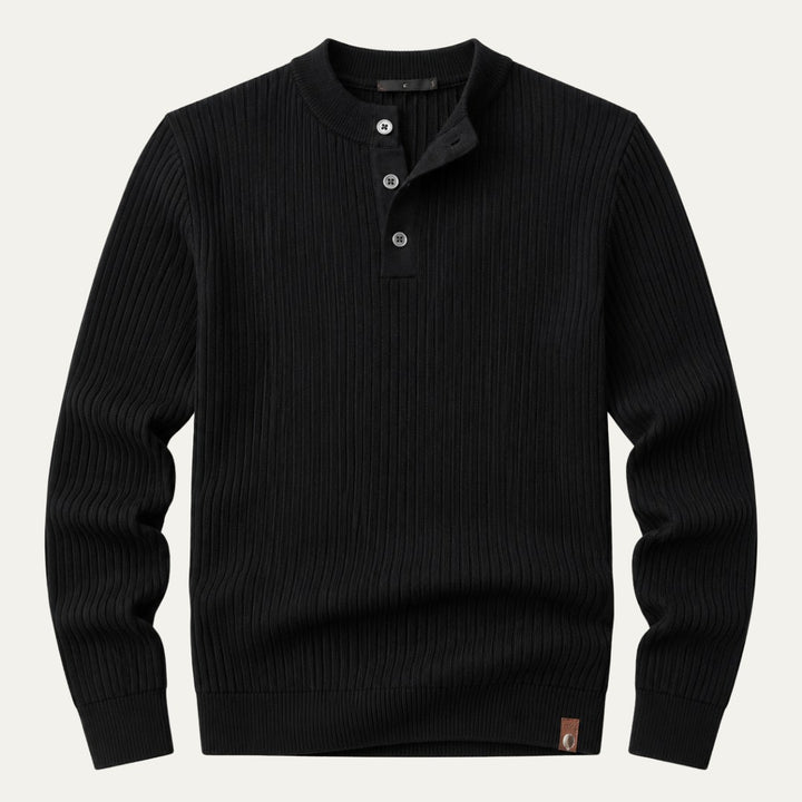Vertical Rib Three-Button Henley Sweater