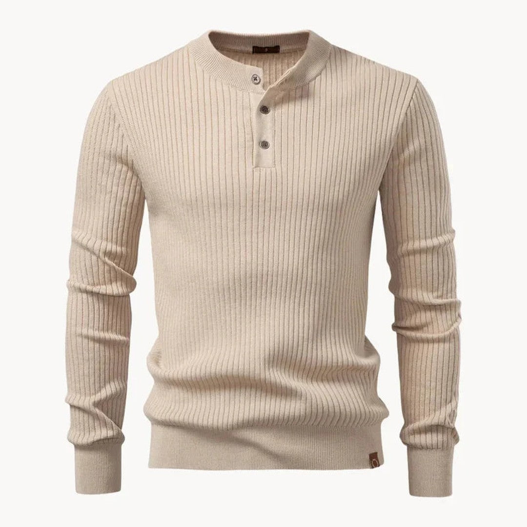 Vertical Rib Three-Button Henley Sweater