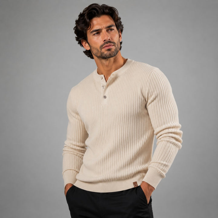 Vertical Rib Three-Button Henley Sweater