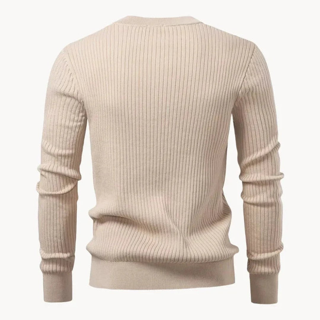 Vertical Rib Three-Button Henley Sweater