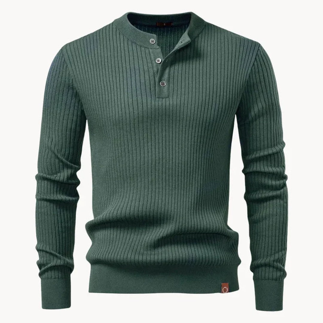Vertical Rib Three-Button Henley Sweater