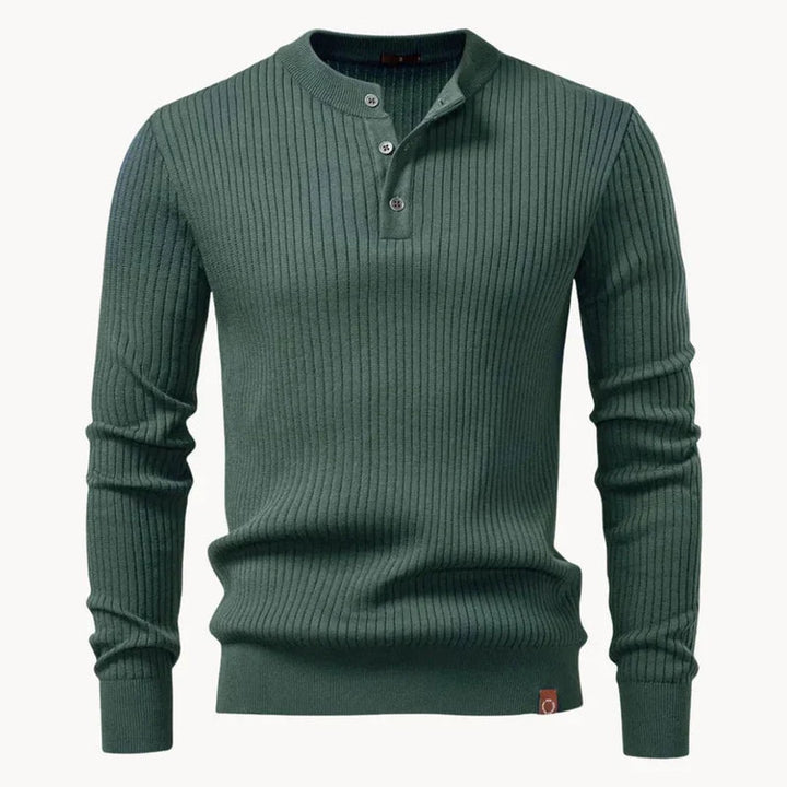 Vertical Rib Three-Button Henley Sweater