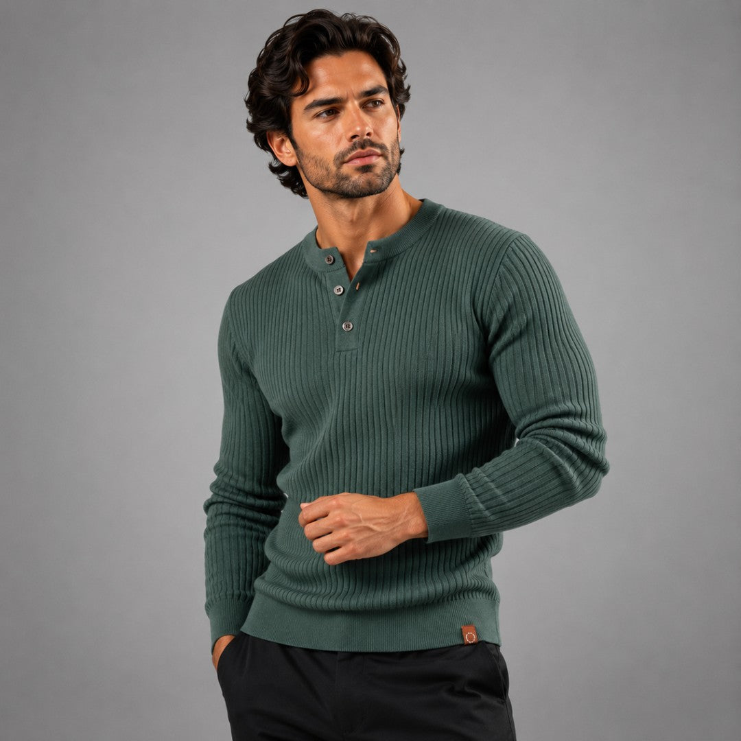 Vertical Rib Three-Button Henley Sweater