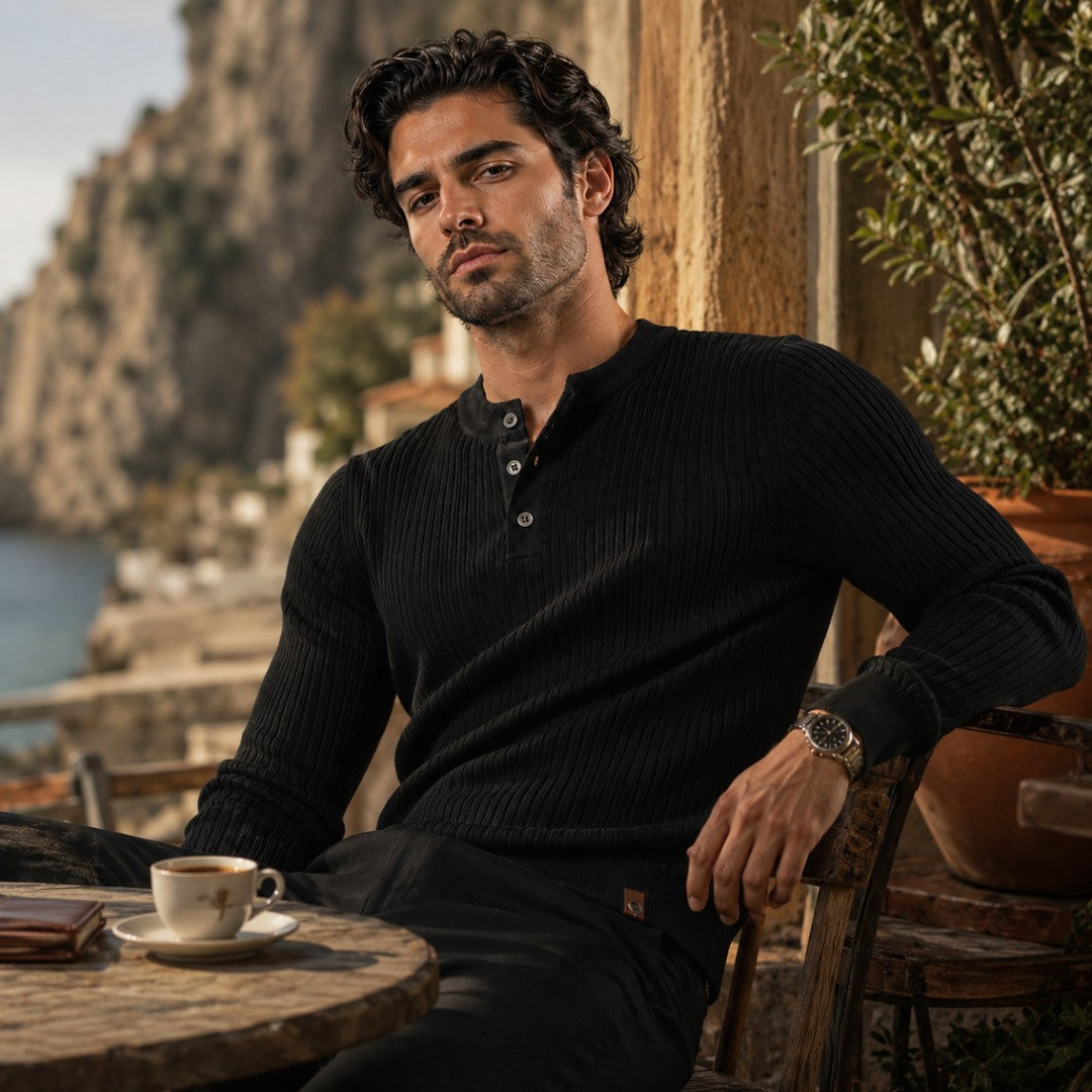 Vertical Rib Three-Button Henley Sweater