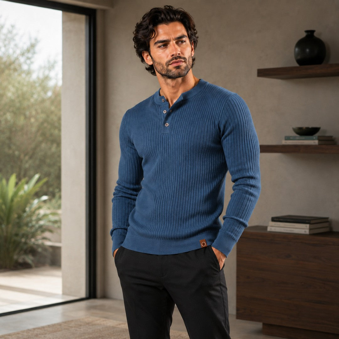 Vertical Rib Three-Button Henley Sweater